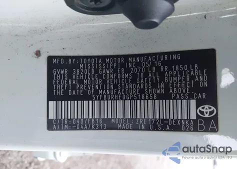 2016 Toyota Corolla Le из США, поврежденный, VIN 5YFBURHE0GP518658